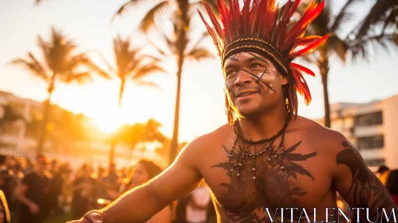 Feathered Man at Sunset: Vibrant Aztec Art Inspired Festival Dance AI Image
