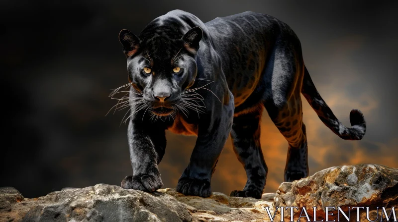 Majestic Black Panther on Moss-Covered Rock - Nature Photography AI Image