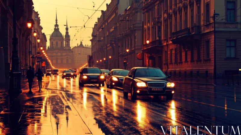 Rainy Day in a European City: Wet Streets and Old Buildings AI Image