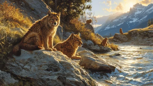 Realistic Painting of Animals in Mountain Setting