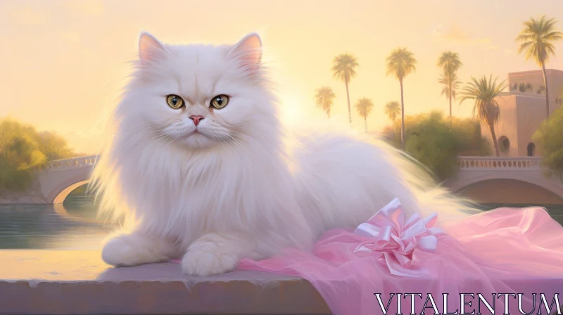 White Persian Cat with Green Eyes in Cityscape Setting AI Image