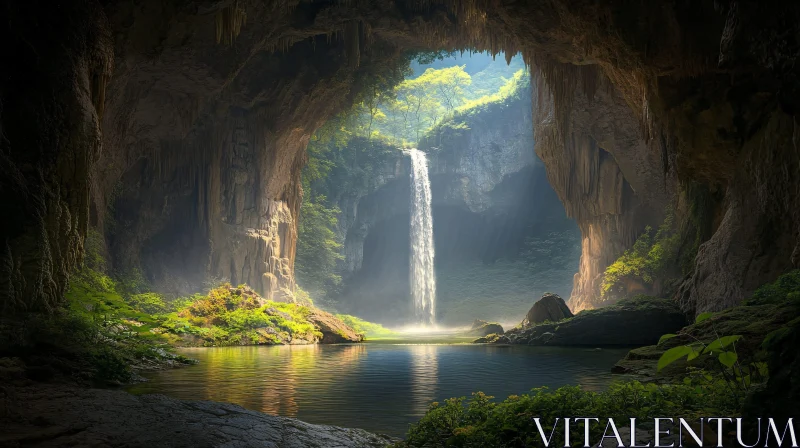 AI ART Hidden Waterfall Oasis in a Sunlit Cave