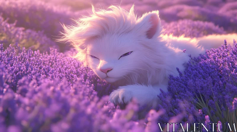 Peaceful White Cat in Lavender Field AI Image