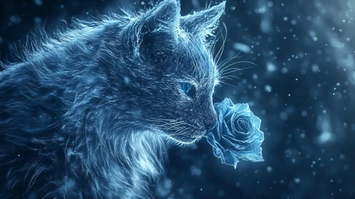 Mystical Blue Cat and Rose Digital Painting