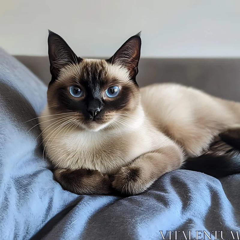 Calm Siamese Cat with Blue Eyes and Markings on Sofa AI Image