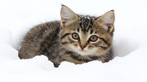 Cute Kitten in Snowy Landscape