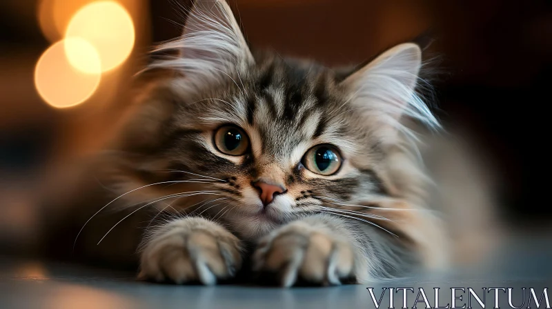 Cute Fluffy Kitten Close-Up with Cozy Lights AI Image