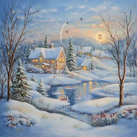 Peaceful Snowy Winter Scene with Cottages and Festive Cheer