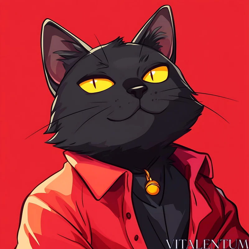 Confident Black Cat with Yellow Eyes and Red Shirt AI Image