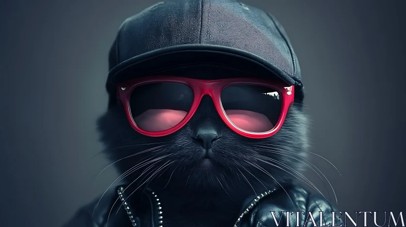 Stylish Black Cat with Red Sunglasses and Cap AI Image