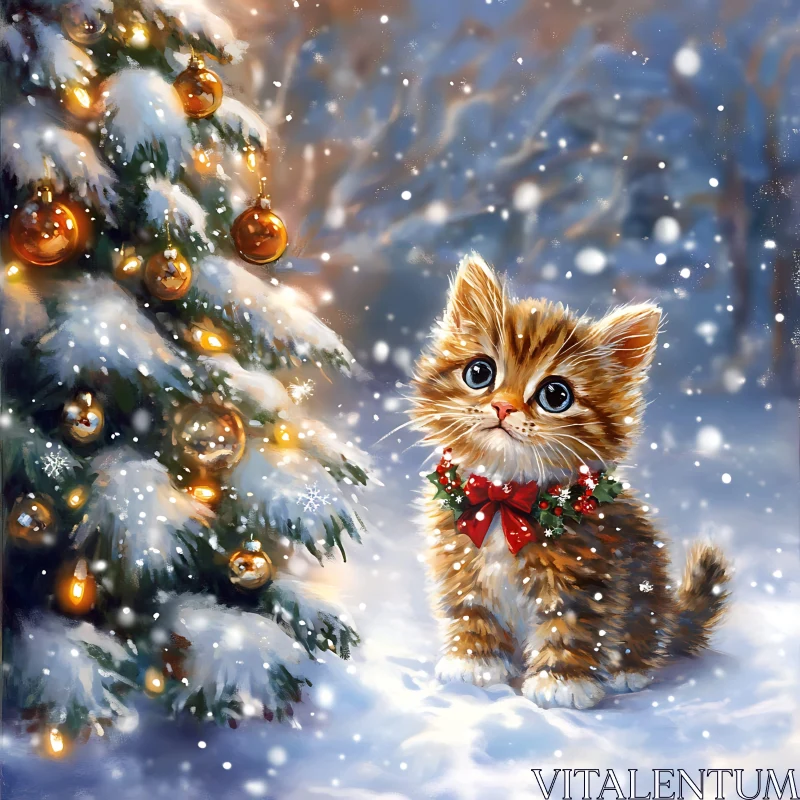 Festive Kitten in Winter Wonderland AI Image