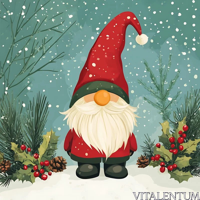 Festive Gnome Illustration in Snowy Setting AI Image