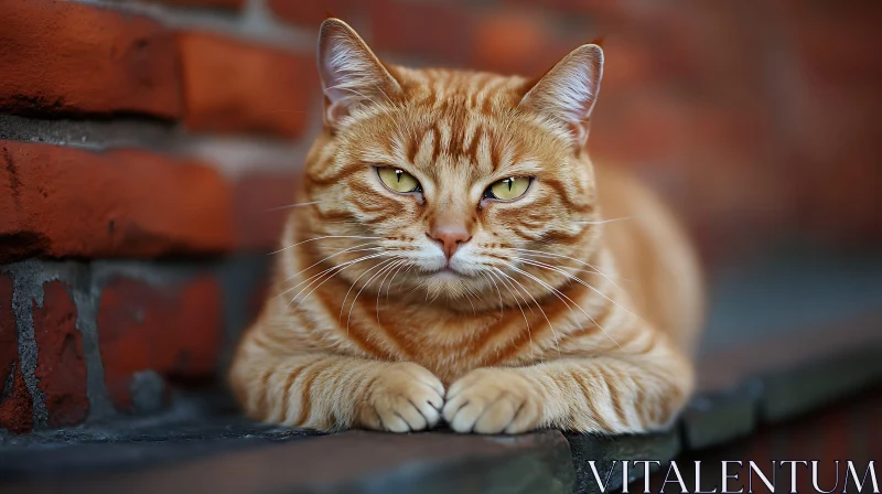 Calm Orange Tabby Cat on Brick Background AI Image