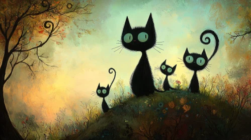 Family of Black Cats in Enchanted Autumn Scene