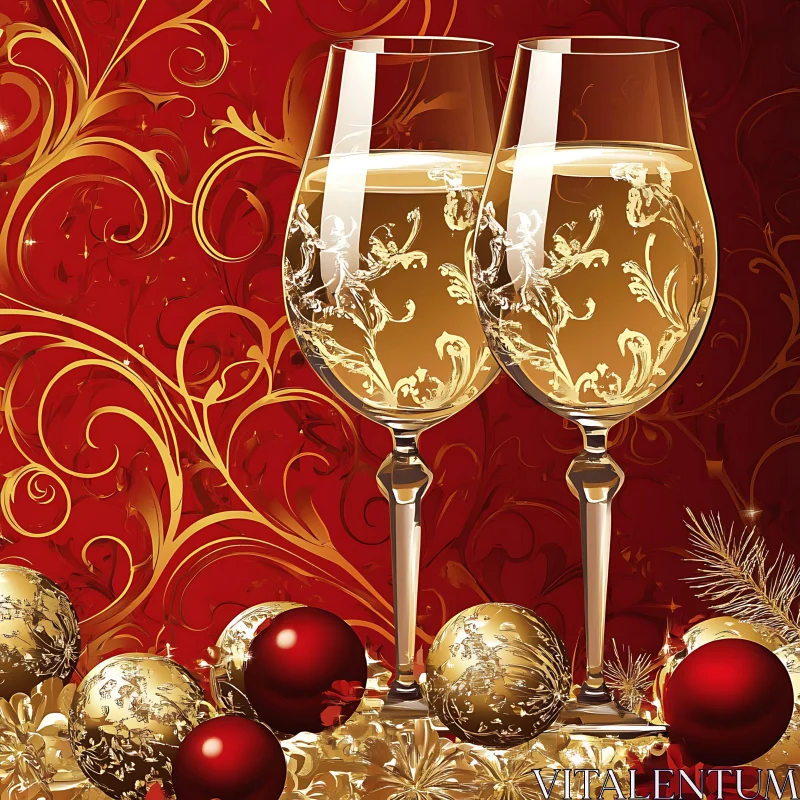 Festive Champagne Glasses with Red and Gold Decorations AI Image