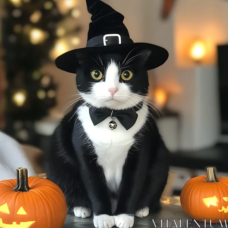 Halloween Cat With Witch Hat and Pumpkins AI Image