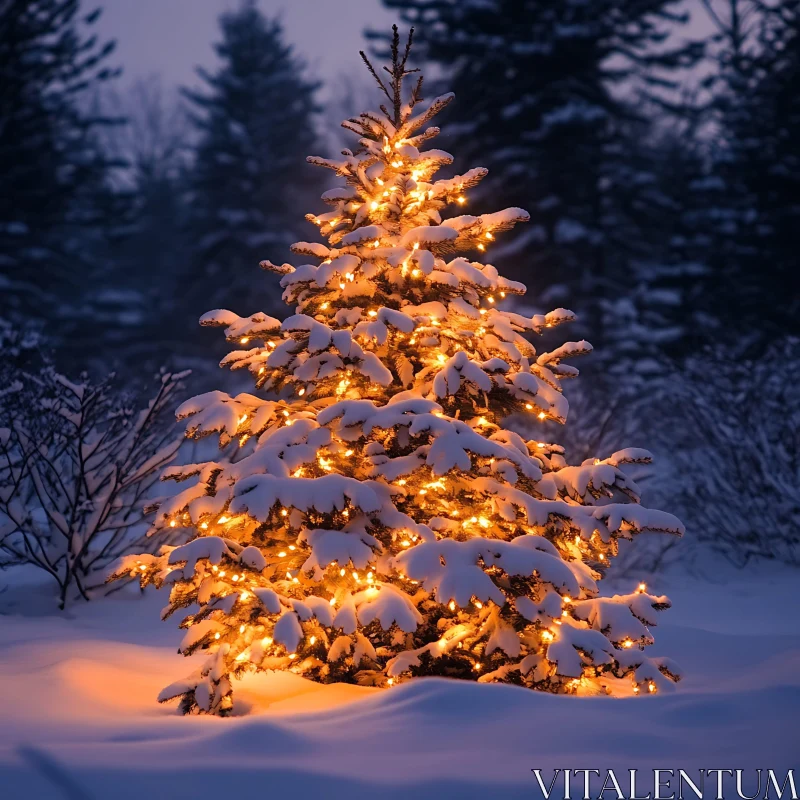 Snow-Covered Christmas Tree Illuminated in Winter Night AI Image