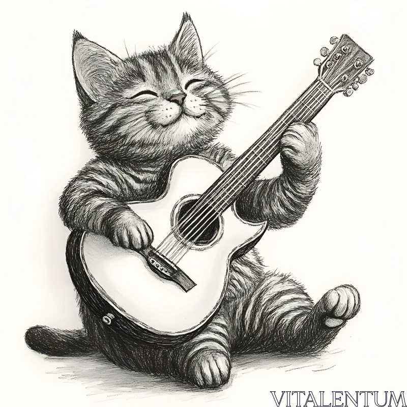 Happy Cat with Guitar Sketch AI Image