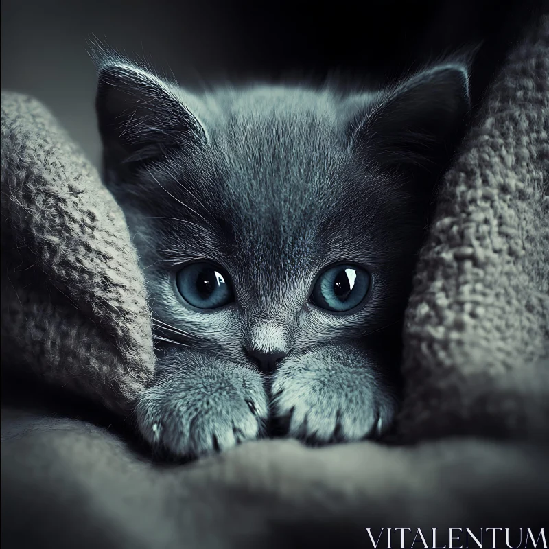 Close-Up of Grey Kitten Under Blanket AI Image