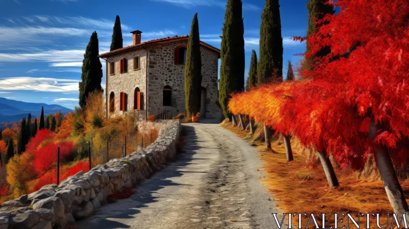 Captivating Red Trees on Road | Idyllic Rural Scenes AI Image