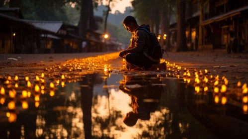 Captivating Street Decor: A Man Lighting Candles on the Street