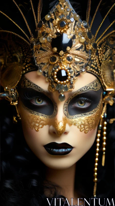 Captivating Woman with Gold Eyes and Intricate Mask AI Image