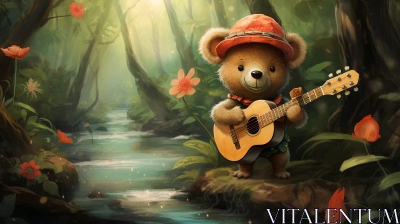 Charming 2D Game Art of a Musical Teddy Bear in the Forest AI Image
