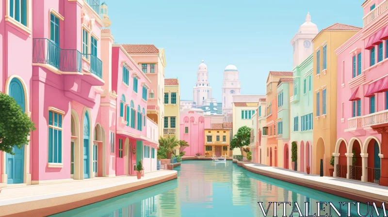 AI ART Colorful Cityscape with Canal and Trees