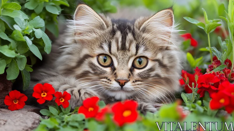 Cat Amongst Vibrant Red Flowers in a Lush Garden AI Image