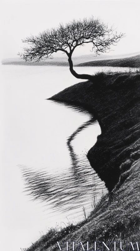 AI ART Reflective Silhouette of a Lone Tree by the Water