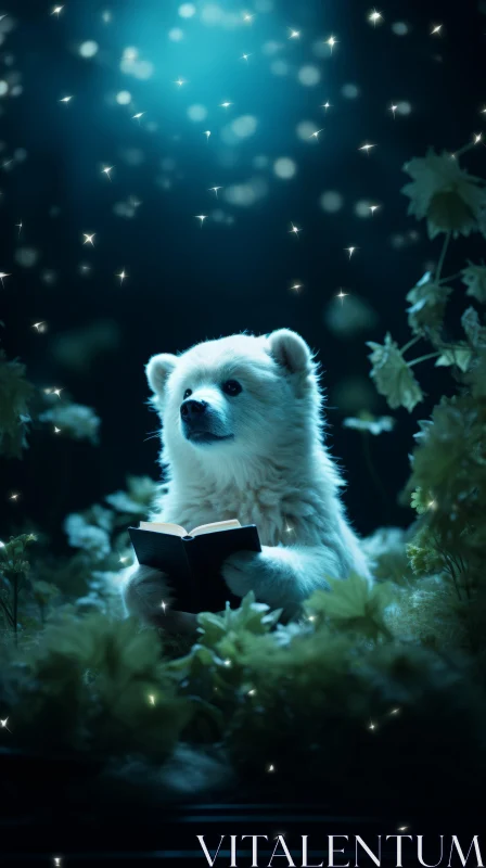 Fairytale Inspired Polar Bear Reading Book in Nature AI Image