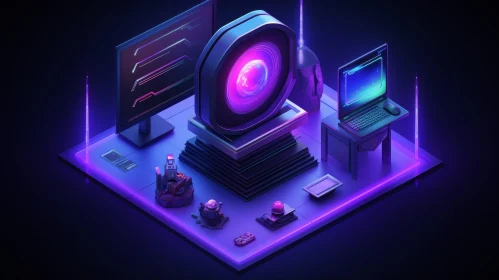 Futuristic Computer Setup with Glowing Purple Orb