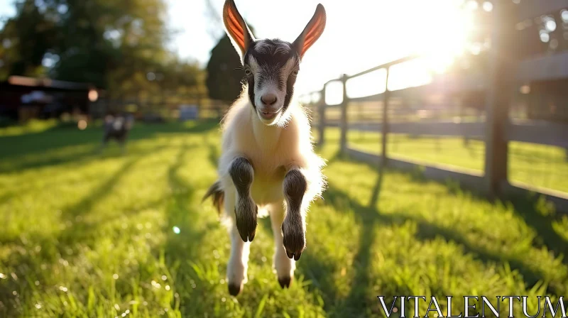 Graceful Leaping Baby Goat Over Green Grass in Barnyard AI Image
