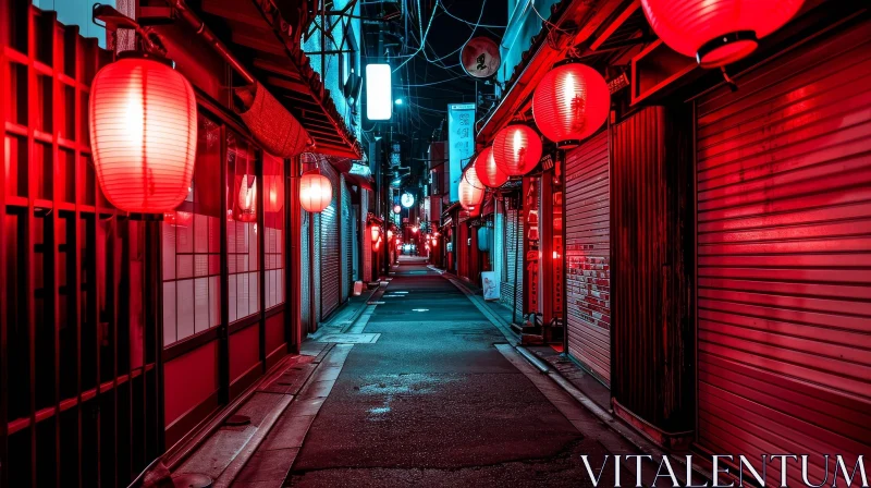 Nighttime Alleyway in a Japanese City with Red Lanterns AI Image