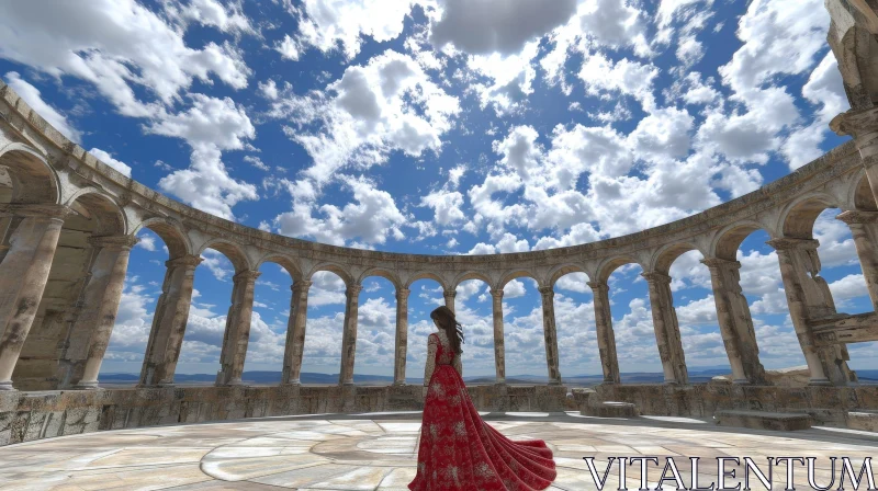 AI ART Red Dress Woman in Ancient Ruins