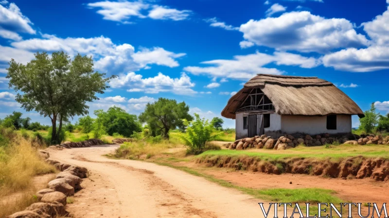 Rustic Thatched Roof House on a Serene Countryside Road AI Image