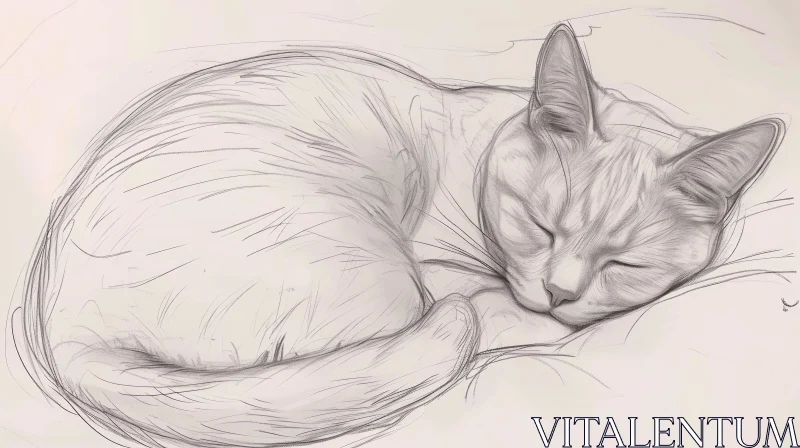 Sleeping Cat Digital Sketch - Grayscale Artwork AI Image