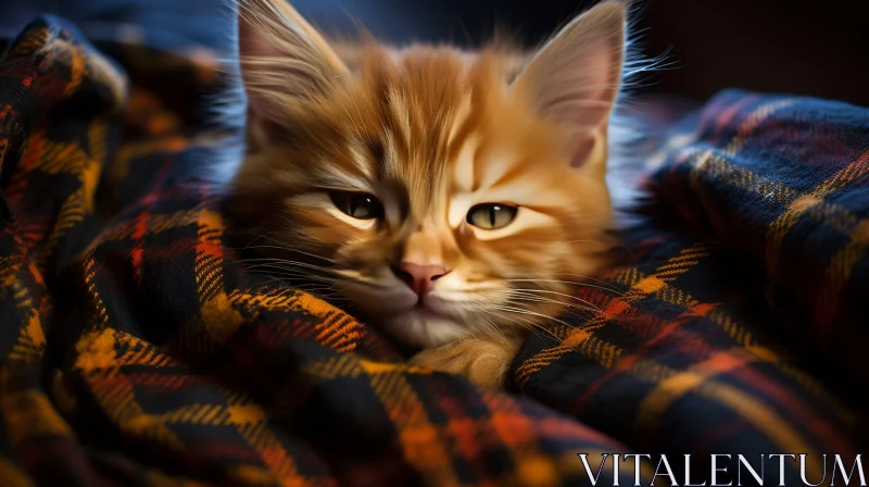 Sleeping Ginger Kitten on Tartan Blanket AI Image