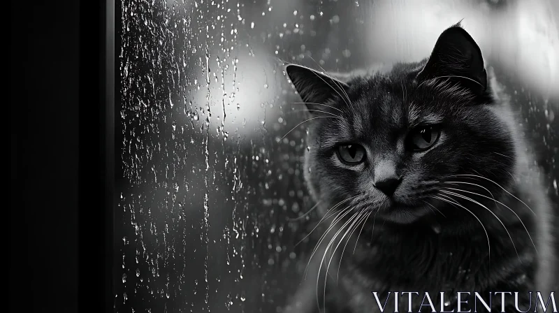 Pensive Cat Gazing Through Wet Glass in Monochrome