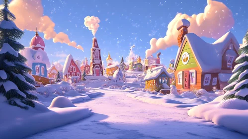 Festive Snow-Covered Houses in Winter Village