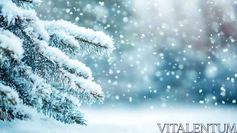 Frosted Pine Tree and Falling Snowflakes