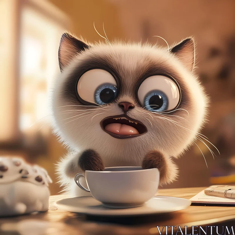 Cute Cartoon Kitten Enjoying Coffee