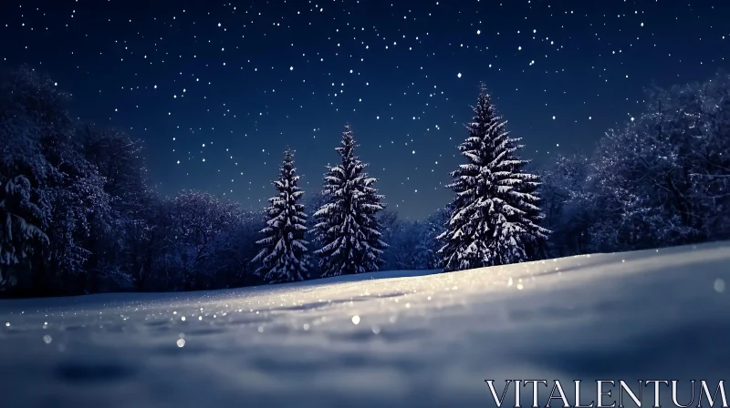 Snowy Pine Trees Under Starry Winter Night