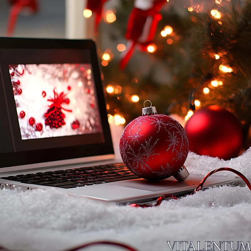 Holiday Scene with Ornament and Laptop