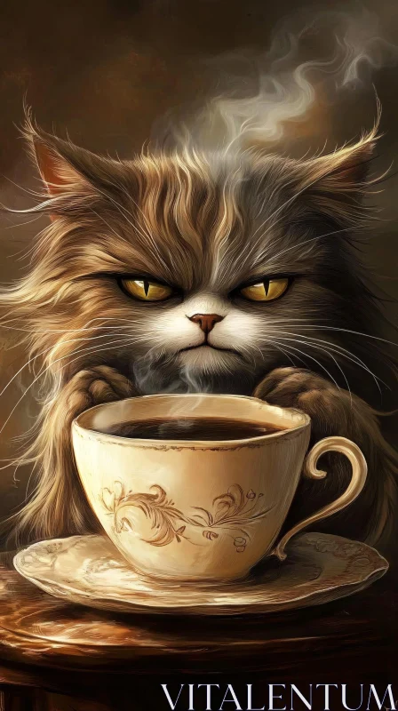Steaming Coffee Cup with Intense Cat Gaze