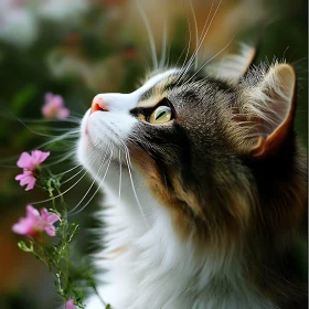 A Cat's Curious Gaze with Floral Touches