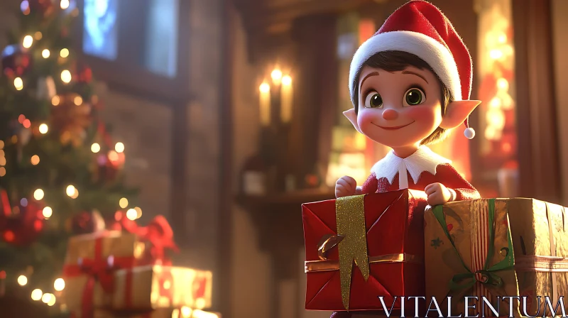 Cute Elf by the Christmas Tree with Presents