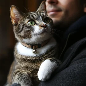 Cat with Green Eyes and Collar in Owner's Embrace