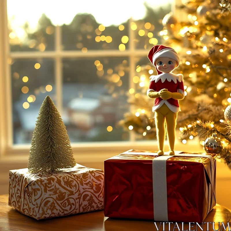 Cheerful Elf and Christmas Presents Amid Warm Lights AI Image