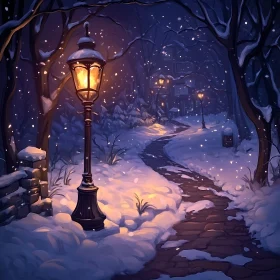 Snowy Evening Trail with Warm Lit Lampposts